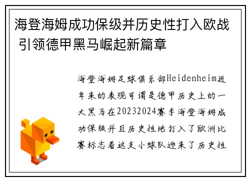 海登海姆成功保级并历史性打入欧战 引领德甲黑马崛起新篇章