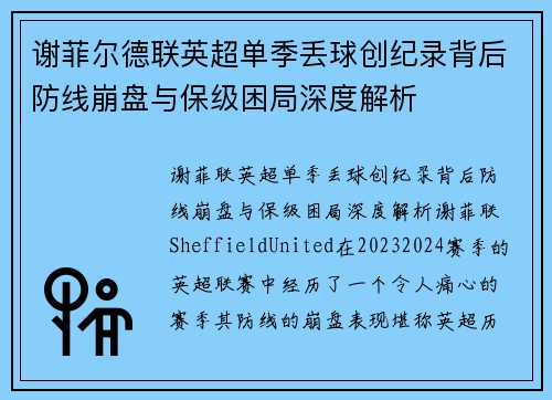 谢菲尔德联英超单季丢球创纪录背后防线崩盘与保级困局深度解析 谢菲尔德联英超单季丢球创纪录背后防线崩盘与保级困局深度解析