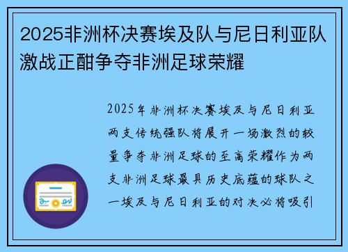 2025非洲杯决赛埃及队与尼日利亚队激战正酣争夺非洲足球荣耀